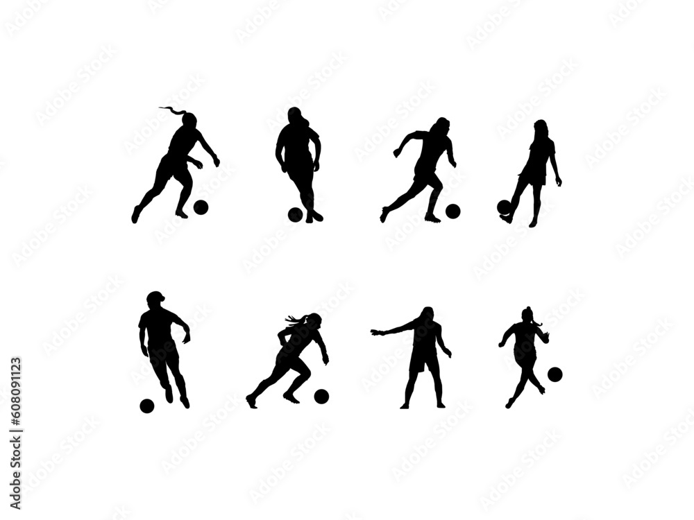 Female football set. Women playing soccer vector silhouettes. Silhouette of athlete soccer players with ball in motion, action on white background.