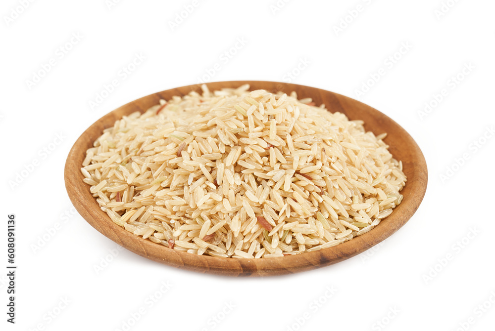 raw brown rice in wood plate isolated on white background. pile of raw brown rice isolated. heap of raw brown rice isolated raw brown rice in wood plate isolated on white background. pile of raw brown rice isolated. heap of raw brown rice isolated