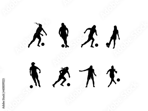Female football set. Women playing soccer vector silhouettes. Silhouette of athlete soccer players with ball in motion, action on white background.