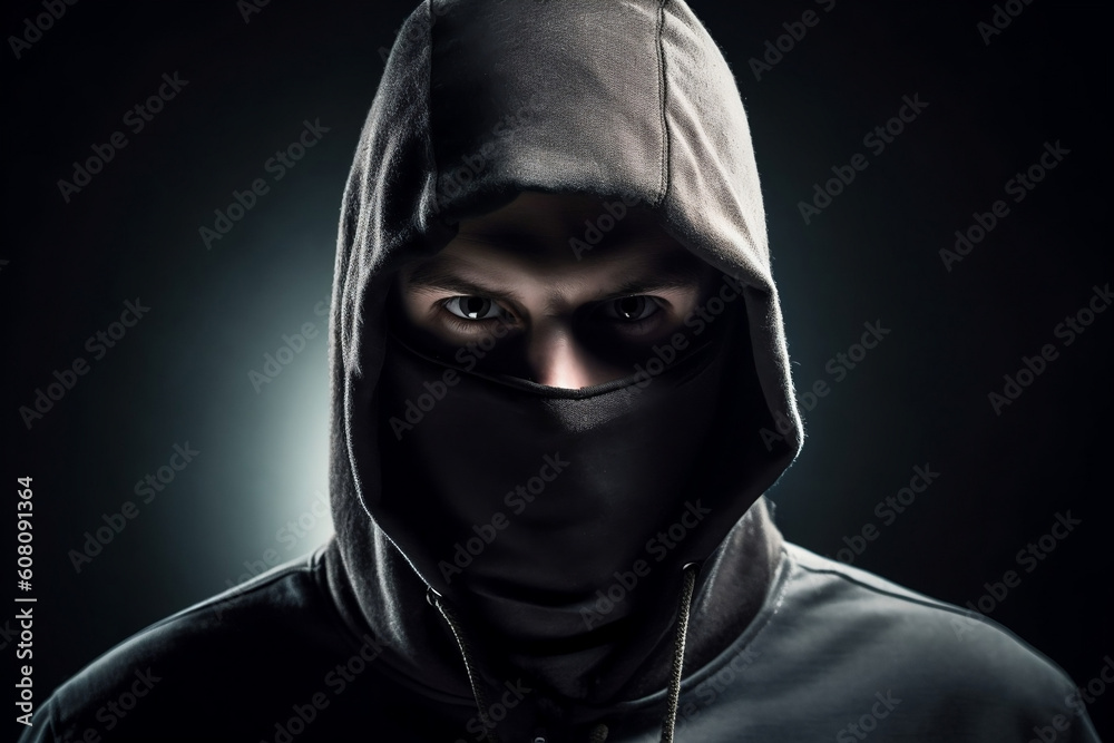 Aggressive dangerous robber man in mask and hood looking into the camera. People criminal, hacker, robbery, crime, theft, arrest concept. Generative AI Technology Aggressive dangerous robber man in mask and hood looking into the camera. People criminal, hacker, robbery, crime, theft, arrest concept. Generative AI Technology