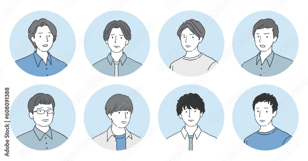 ネガティブな表情の男性アイコンアバターセット 怒る・困る・悲しむ・不満・悩む