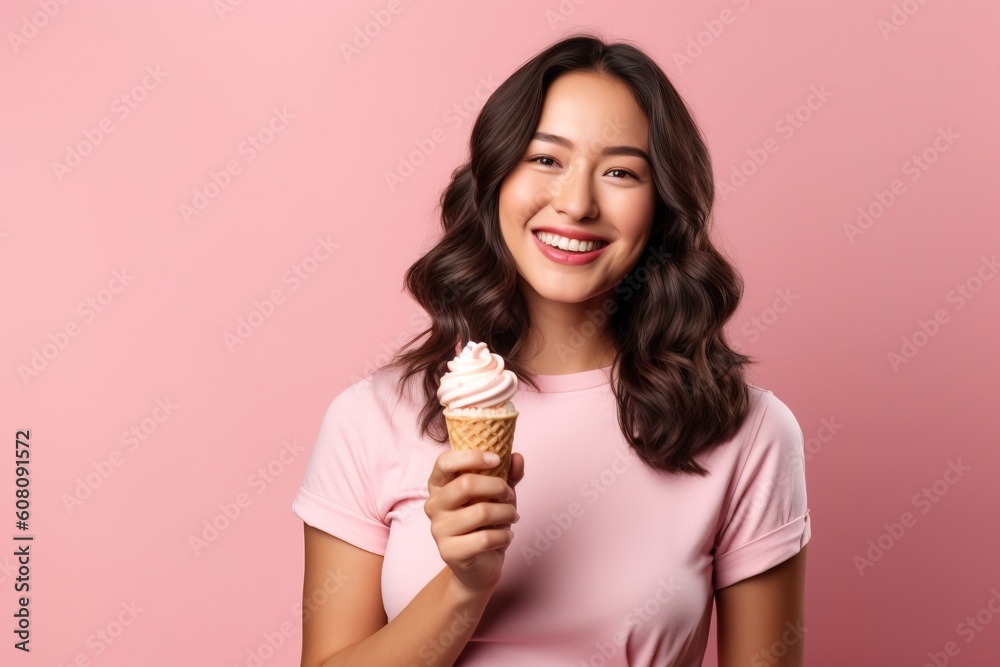 Portrait beautiful woman holding cone ice cream AI Generative Portrait beautiful woman holding cone ice cream AI Generative