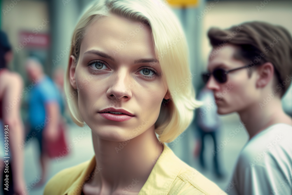 Chic and Glamorous: A Mesmerizing Image of a Blonde Model Walking in Casual Attire, ai generative Chic and Glamorous: A Mesmerizing Image of a Blonde Model Walking in Casual Attire, ai generative