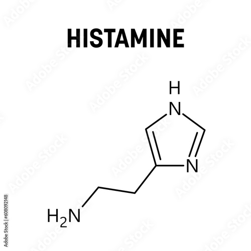 Histamine molecular structure. Histamine is organic compound involved in local immune responses, regulating physiological functions and acting as neurotransmitter. Vector structural formula of