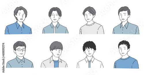 ネガティブな表情の男性アバターアイコンセット 怒る・困る・悲しむ・不満