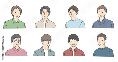 ネガティブな顔をした男性アバターアイコンセット 怒る・困る・悲しむ・不満