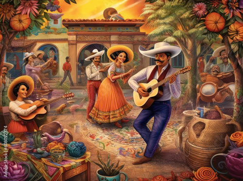 Colorful illustration of mexican scene with dancing and men playing guitar.