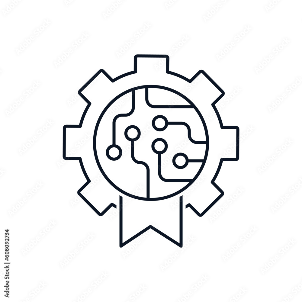 Gear with an electronic microcircuit and a flag. Improved,innovated modernized mechanism. Vector linear icon isolated on white background. Gear with an electronic microcircuit and a flag. Improved,innovated modernized mechanism. Vector linear icon isolated on white background.