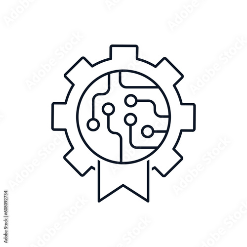Gear with an electronic microcircuit and a flag. Improved,innovated modernized mechanism. Vector linear icon isolated on white background.