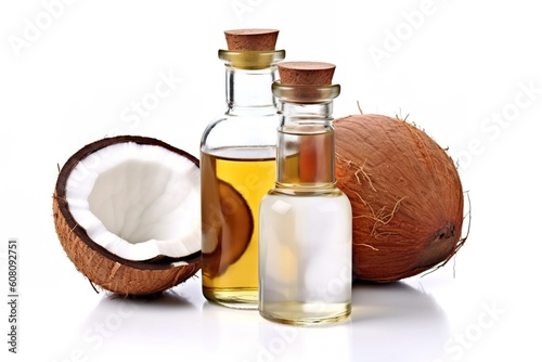 Portrait coconut oil with coconut fruits isolated on white AI Generative