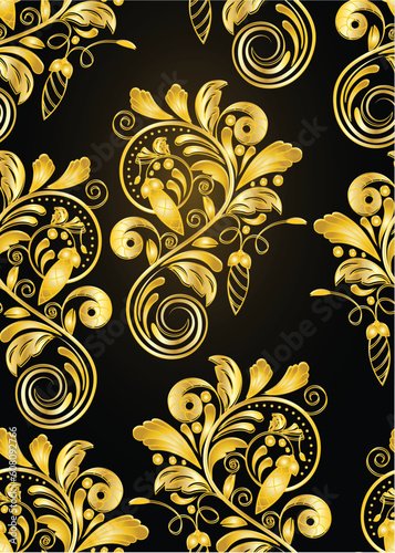 vector seamless golden floral background on black. clipping mask
