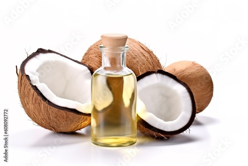 Portrait coconut oil with coconut fruits isolated on white AI Generative