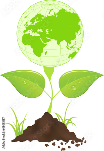 Symbolic image with green earth globe and leaves. Vector illustration.