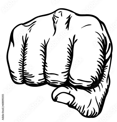 a black and white illustration of a front view of a right human hand punching towards you