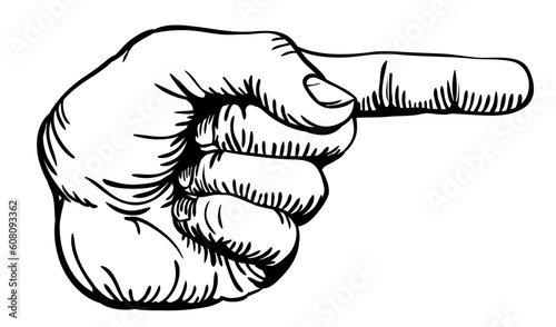 a black and white illustration of a human left hand with the finger pointing or gesturing to the right of the image.