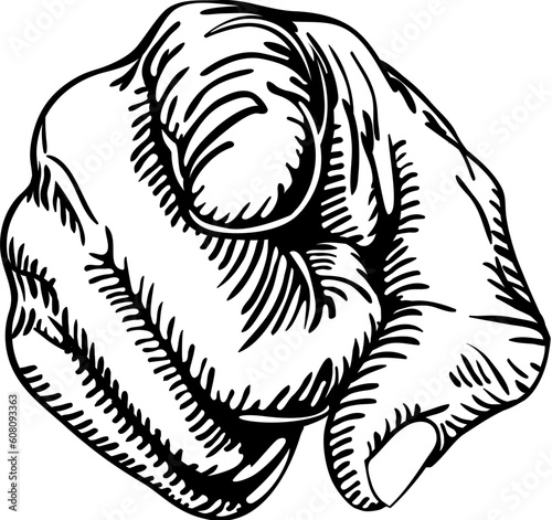 a black and white illustration of a human hand with the finger pointing or gesturing towards you.