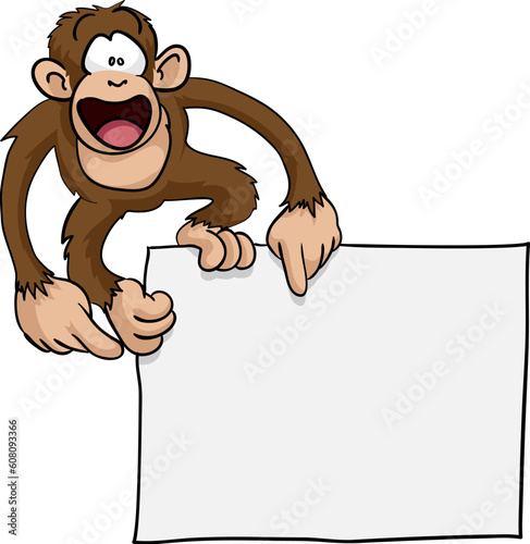 Photography A crazy cute excited monkey pointing at a blank sign with copy-space illustratio