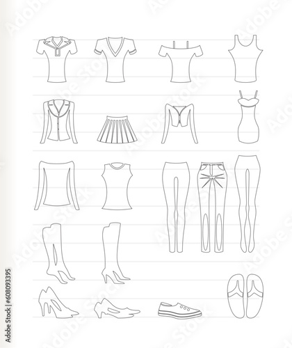 woman and female clothes icons - vector icon set