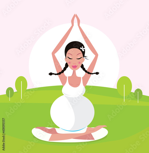 Relaxing pregnant woman in white dress meditating / practicing yoga in nature. Vector Illustration.