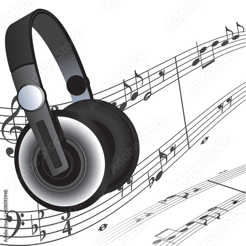 Modern headphones and sheet music as a background.
