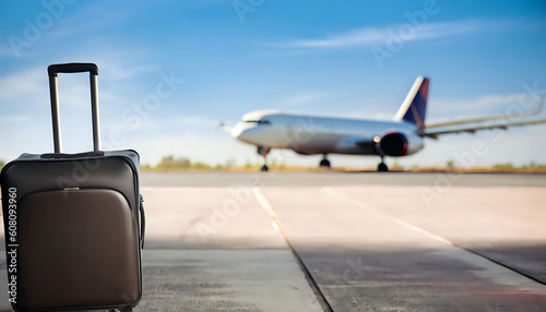 Travel background, suitcase on a runway with blurred airplane in the background ,background, Business travel concept, wallpaper.png, Ai Generate 