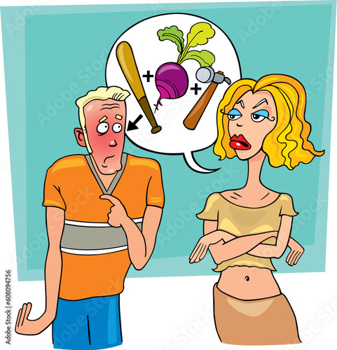 Illustration of angry woman abuses ashamed man