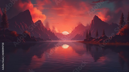 Marvelous dusk over the stream. Illustration, AI Generated © BLACK AND WHITE LOGO