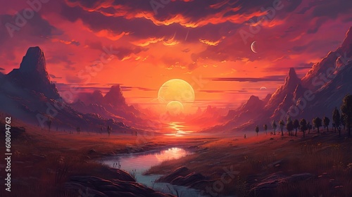 Marvelous sunset over the stream. Illustration, AI Generated