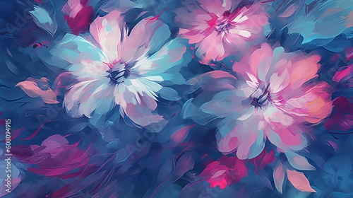 Unpretentiously finished blue and pink pastel painted blossoms dull testy foundation. Illustration, AI Generated photo