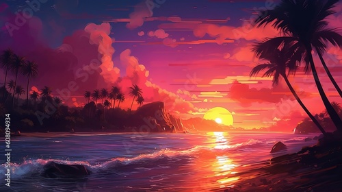 Marvelous sunset over the stream. Illustration, AI Generated