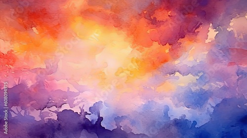 special watercolor establishment sunset sky orange purple. Illustration, AI Generated