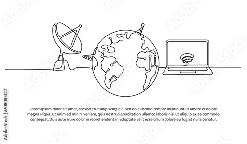 Continuous line design of laptop, satellite antenna and globe. Technology international network design concept. Decorative elements drawn on a white background.