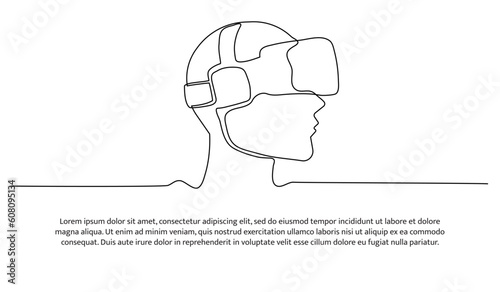 Continuous line design of man in glasses device virtual reality. Decorative elements drawn on a white background.