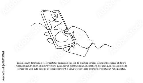 Continuous line design of hand holding mobile phone to search travel route. Decorative elements drawn on a white background.