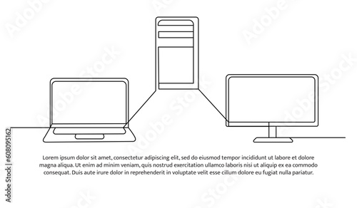Continuous line design of computer and laptop connected to each other. Technology device symbol design concept. Decorative elements drawn on a white background.