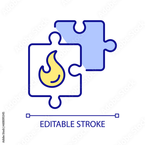 Problem solving RGB color icon. Puzzle pieces. Creative solution. Gap analysis. Complex problem. Competitive business. Isolated vector illustration. Simple filled line drawing. Editable stroke