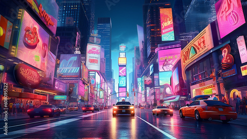 the vibrant energy of a cityscape at rush hour with busy traffic, neon signs, and diverse architecture, 4k, generative AI