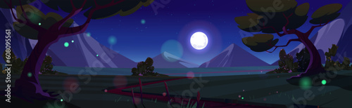 Night path in field and mountain forest nature vector landscape illustration. Cartoon spring dark lawn outdoor woodland environment and starry sky season. Countryside horizon with firefly spark light