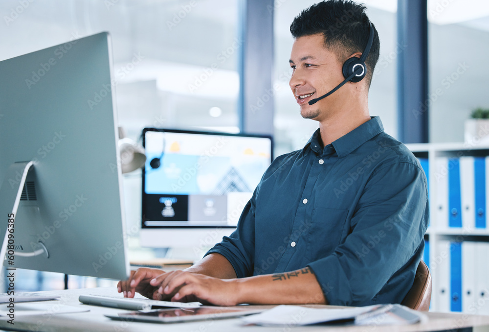 Call center, customer service and a man typing on computer with a headset for contact us communication. Crm, telemarketing and sales or technical support agent or consultant person at pc for advice Call center, customer service and a man typing on computer with a headset for contact us communication. Crm, telemarketing and sales or technical support agent or consultant person at pc for advice