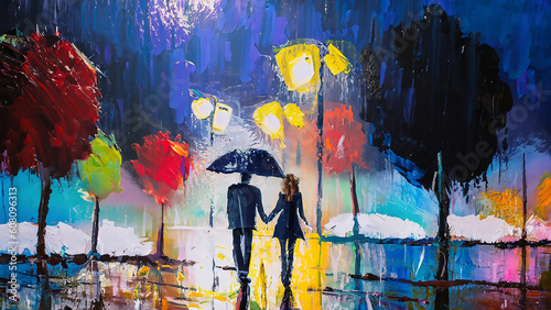 colorful vivid expressive bold and loose brushstrokes painting of romantic nostalgic city street scene with pedestrians with umbrella