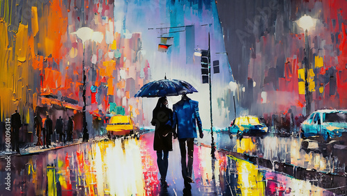 colorful vivid expressive bold and loose brushstrokes painting of romantic nostalgic city street scene with pedestrians with umbrella © OneLineStock