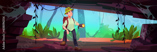Man backpacker explore jungle forest cave vector background. Happy male character adventure inside tropical grotto dungeon 2d scene. Entrance in ancient mine rock hole game cartoon illustration
