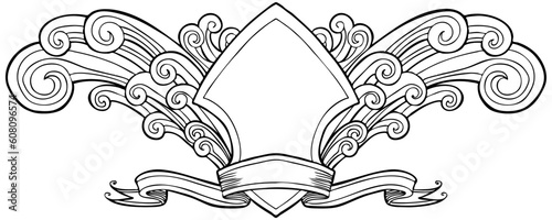 Hand drawn artsy pattern of waves and wings with crest symbol.