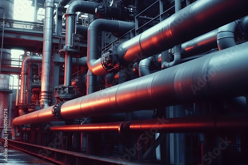 Close-up of pipes and valves at an oil refinery plant. Piping of a factory. Generative AI