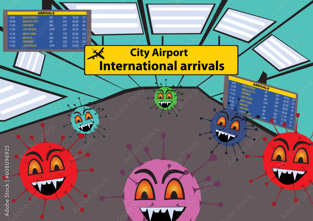 Cartoon vector illustration of a viruses at the airport