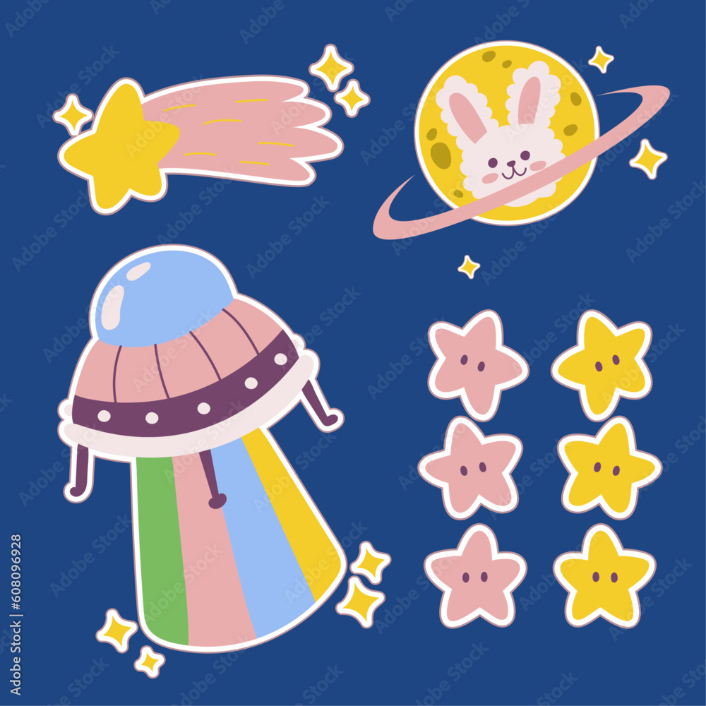 Outer space kawaii sticker set. Hand drawn cosmic cartoon collection of ufo alien, planet, star, flying saucer. Bundle of cute kid graphic for nursery print in galaxy explorer exploration vector