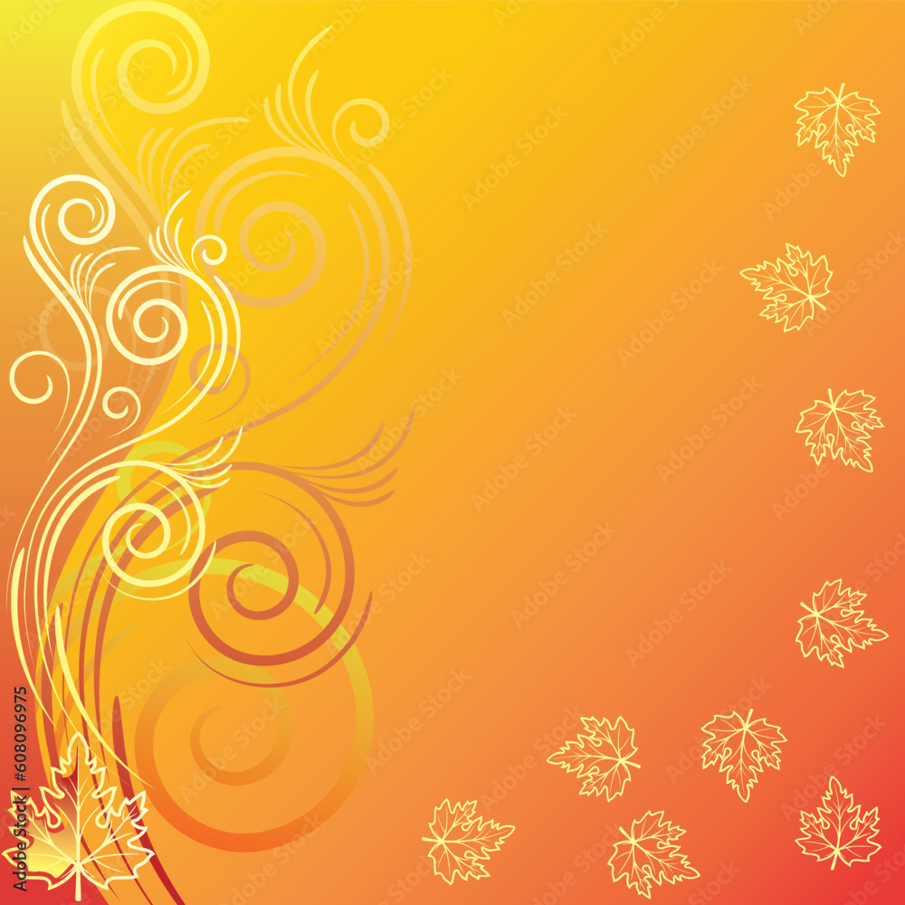 Red background with   abstract  gold leaves and swirls