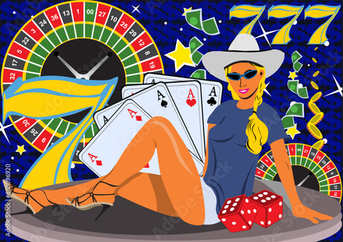 Abstract vector illustration of a young female on casino background