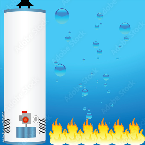 A boiler water heater, water droplet, and a flame.