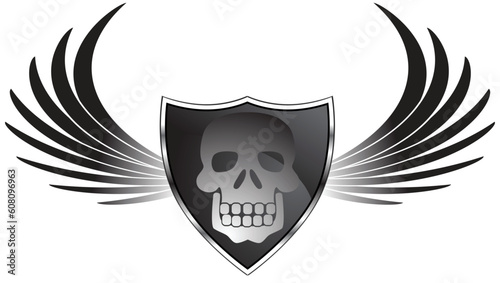 A winged shield with skull.